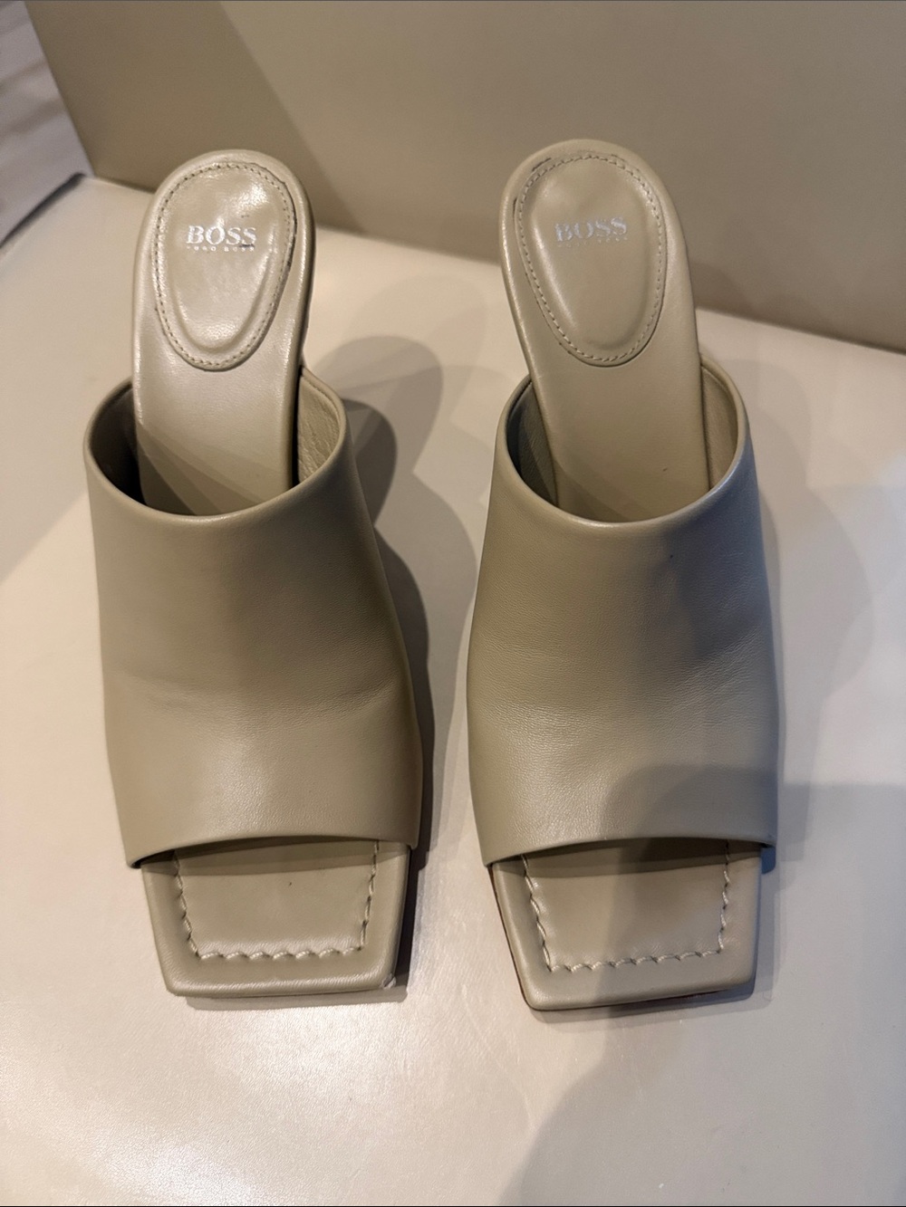 BOSS Women’s Taupe Leather Square-Toe Slide Mules